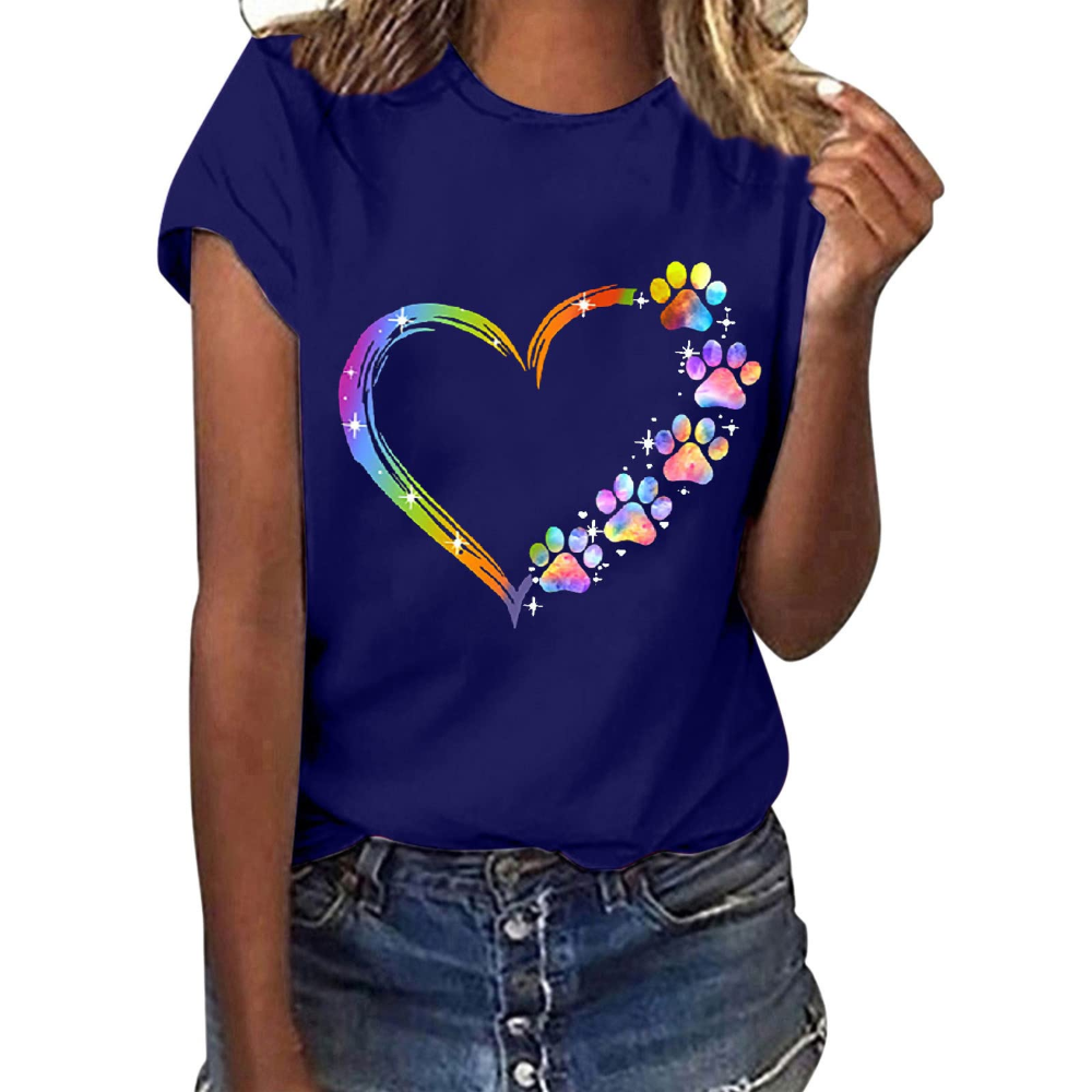 Damski letni T-shirt Colleen – kwiatowy nadruk, okrągły dekolt i krótkie rękawy