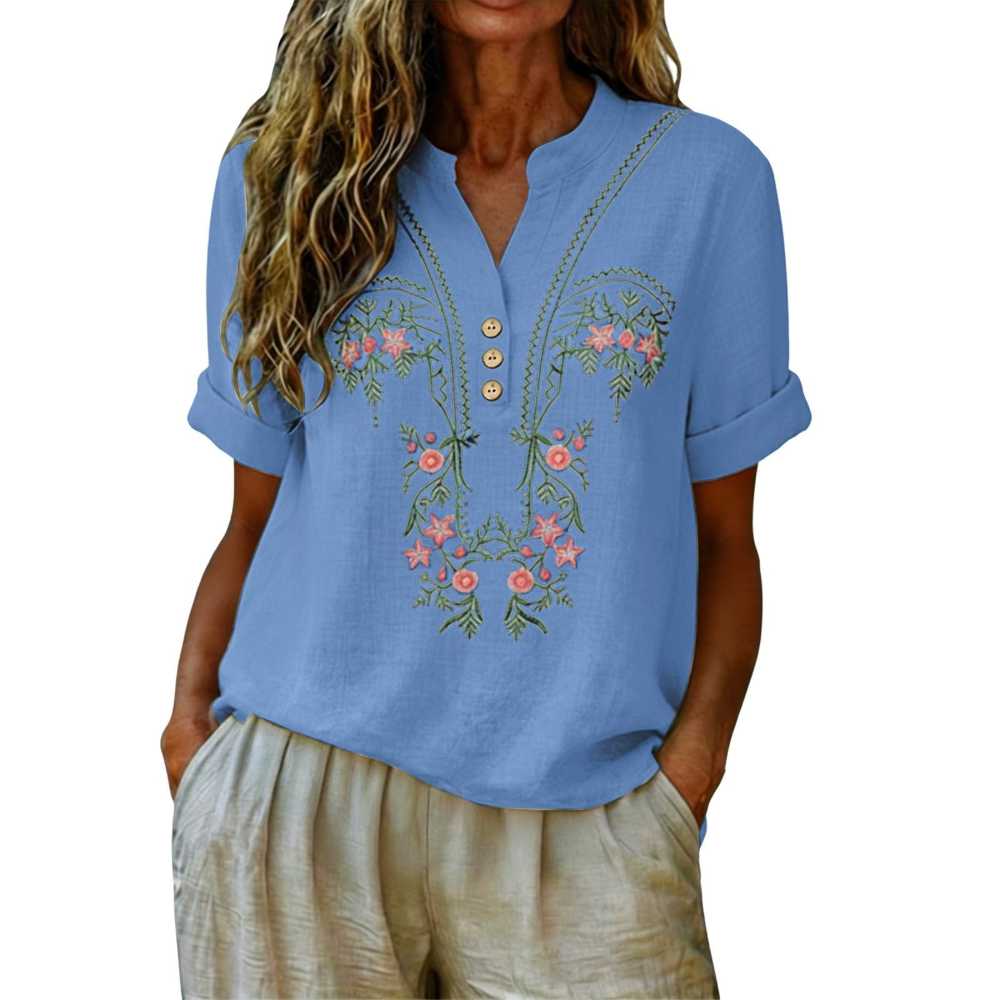 Agnes Women’s Linen Shirt – Floral Embroidery, Henley Neckline, and Short Sleeves