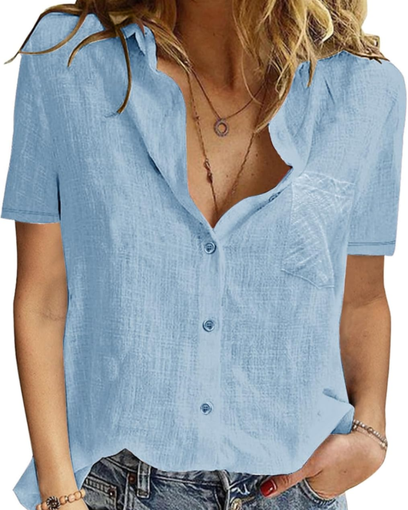 Mackenzie Chemisier pour femme – 100 % coton, col en V, manches courtes et boutons