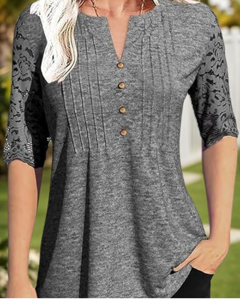 Megan Blusa Donna Estiva – Scollo a V, Pieghe, Bottoni e Dettagli in Pizzo