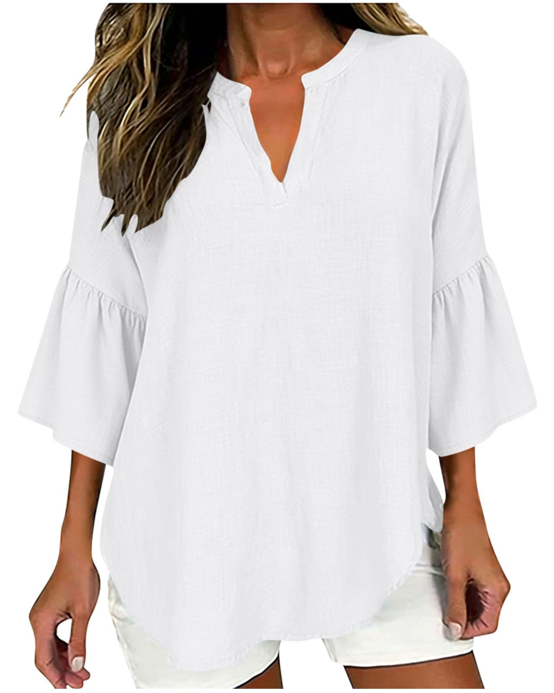 Miranda Blusa para mujer – Algodón y lino, escote en V, botones y corte oversize