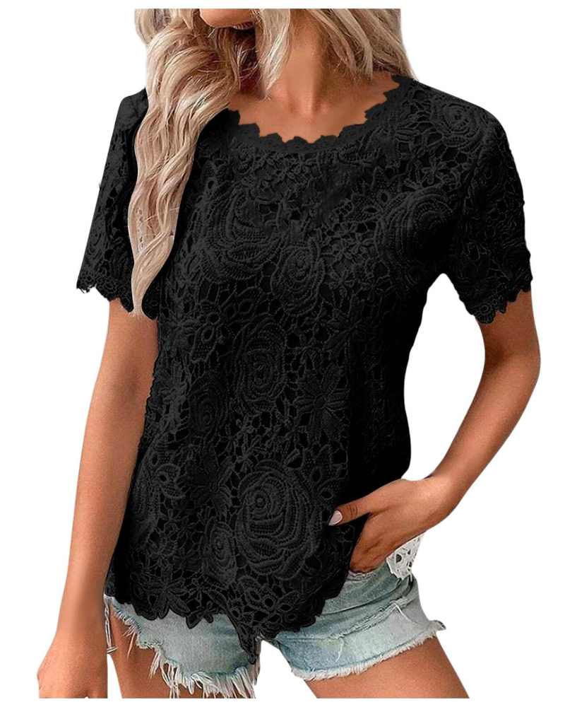 Rebecca Blusa de mujer – encaje elástico, cuello redondo y mangas cortas con volantes