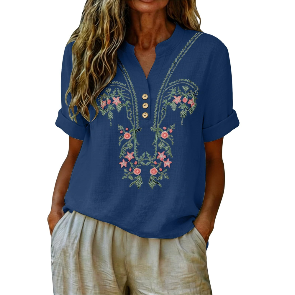 Agnes Women’s Linen Shirt – Floral Embroidery, Henley Neckline, and Short Sleeves