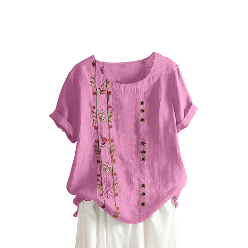 Florence Women’s Cotton and Linen Top – Short Sleeves, Front Buttons, and Breathable Tunic