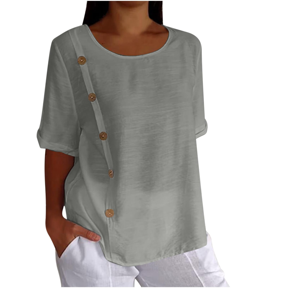 Henrietta Women's Floral Blouse – Cotton-Linen Blend, Short Sleeves and Loose Fit