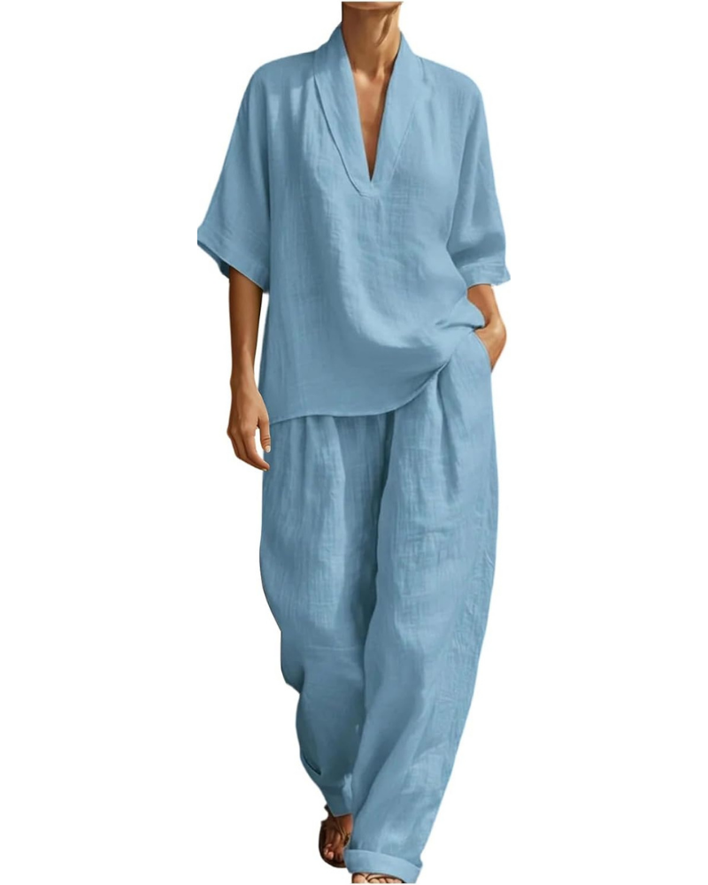 Winona Women’s Linen Set – V-Neck Top and Palazzo Pants with Pockets
