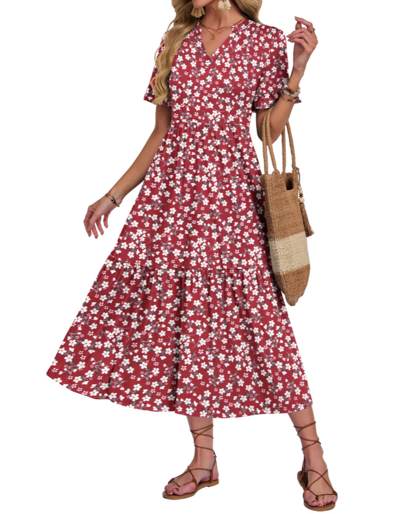 Tatum Women’s Long Dress – V-Neck, Ruffled Sleeves, Tiered Layers and Side Pockets