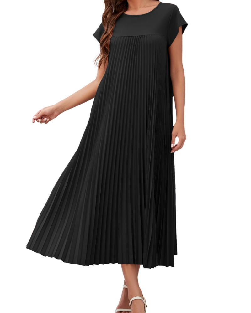 Kinley Women’s Maxi Dress – Pleated, Crew Neck, Solid Color, and Side Pockets