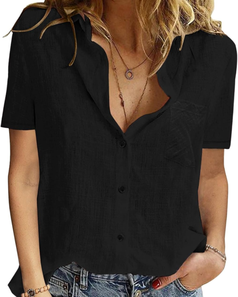 Mackenzie Chemisier pour femme – 100 % coton, col en V, manches courtes et boutons