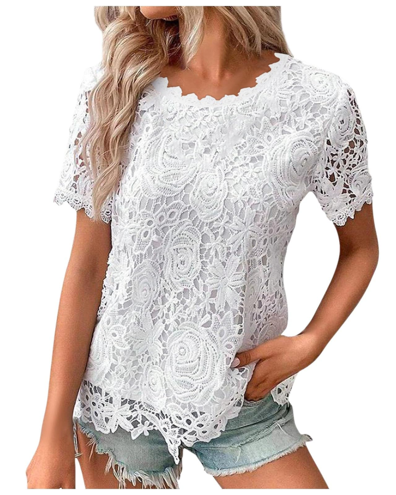 Rebecca Blusa de mujer – encaje elástico, cuello redondo y mangas cortas con volantes