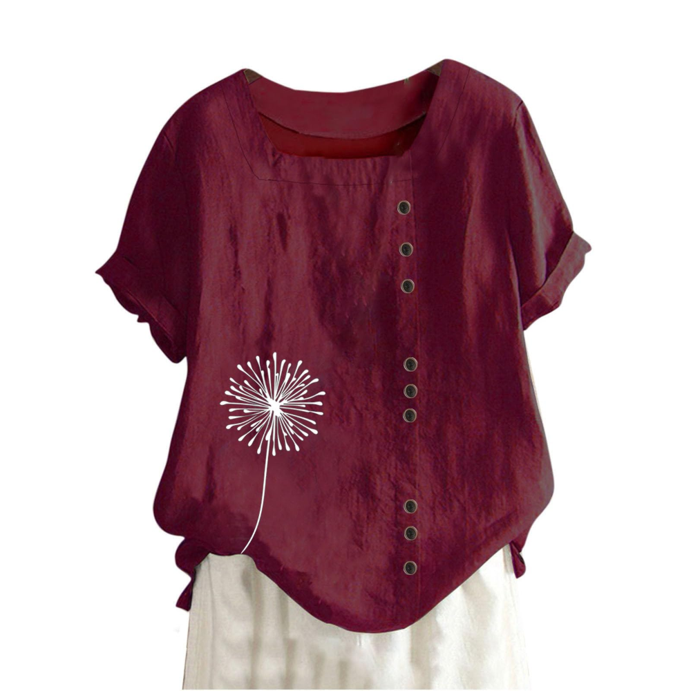 Elaine Camiseta de mujer de verano – Algodón y lino, estampado floral y corte holgado