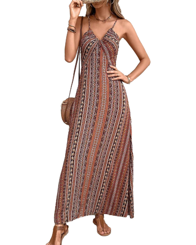 Maisie Women’s Maxi Dress – V-Neck, Boho Ethnic Print and Sleeveless Design