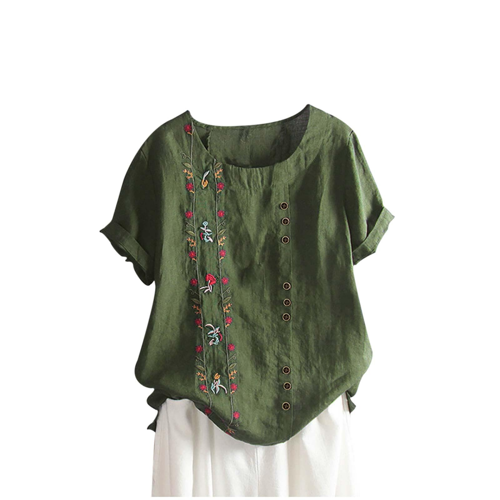 Florence Women’s Cotton and Linen Top – Short Sleeves, Front Buttons, and Breathable Tunic