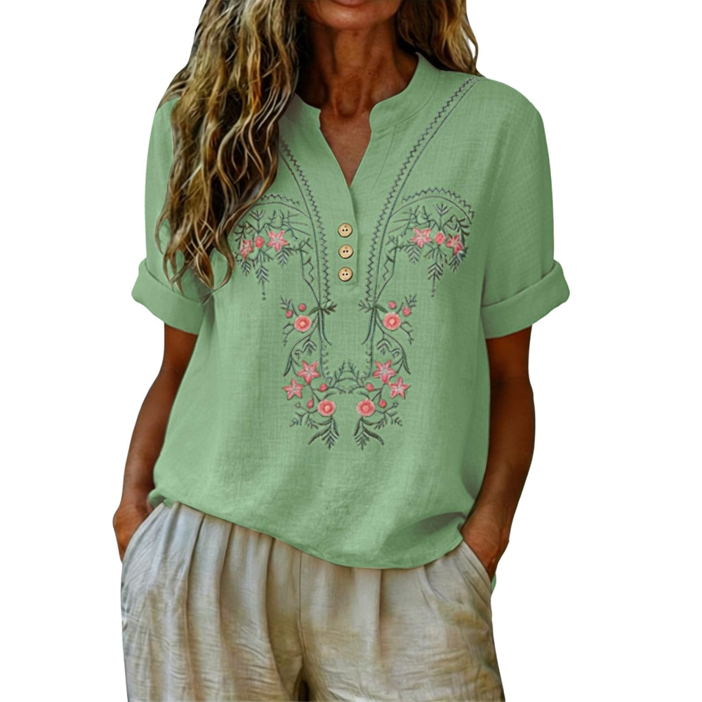 Agnes Women’s Linen Shirt – Floral Embroidery, Henley Neckline, and Short Sleeves