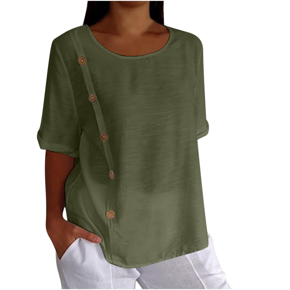 Henrietta Women's Floral Blouse – Cotton-Linen Blend, Short Sleeves and Loose Fit