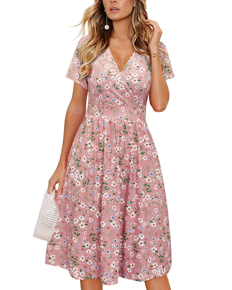 Aveline Vestido midi para mujer – cruzado, escote en V, cintura plisada y bolsillos