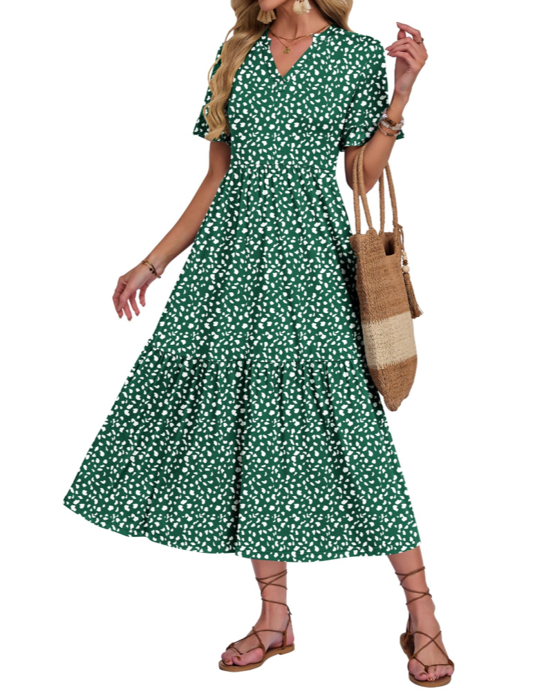 Tatum Women’s Long Dress – V-Neck, Ruffled Sleeves, Tiered Layers and Side Pockets