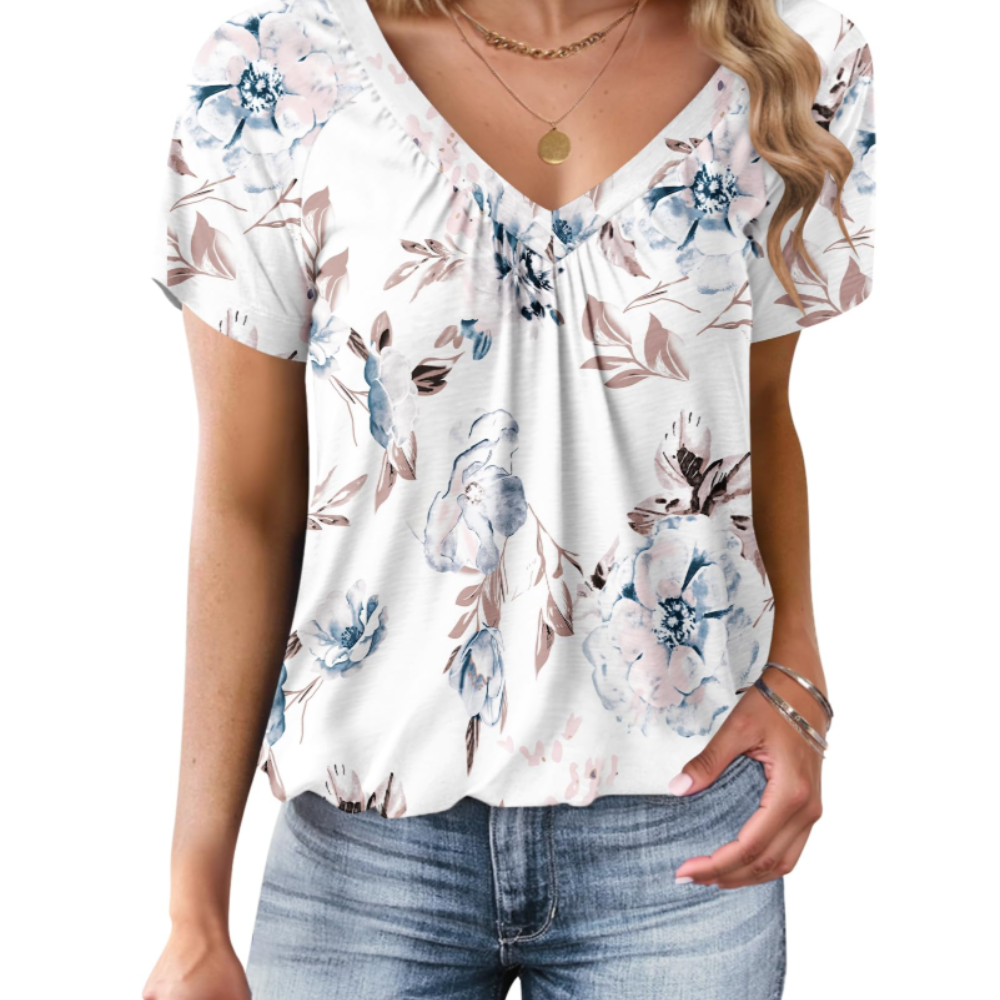 Harriet Women’s Summer T-Shirt – Pleated V-Neck, Short Sleeves and Balloon Hem