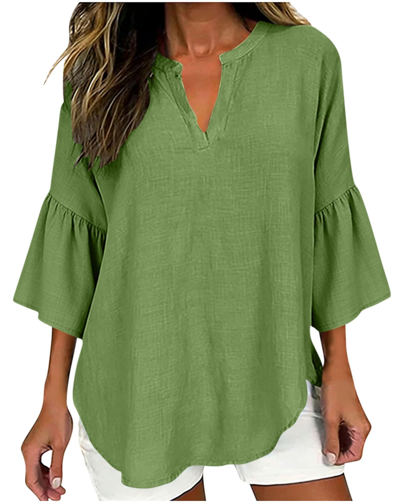 Miranda Blusa para mujer – Algodón y lino, escote en V, botones y corte oversize