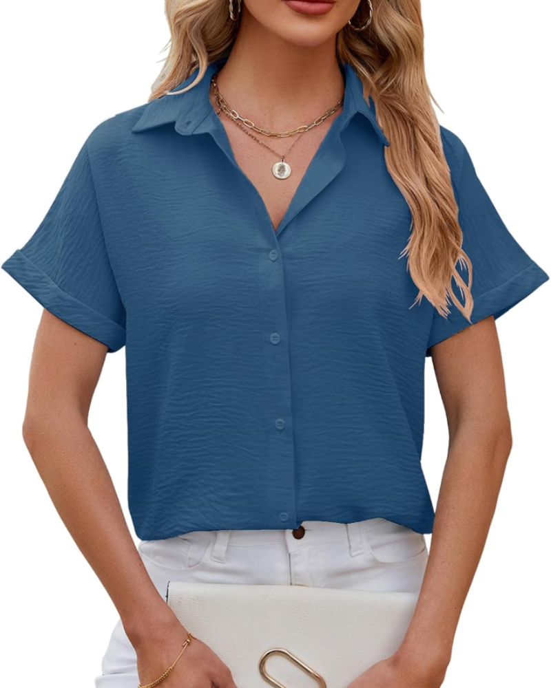 Allison Women’s Blouse – V-Neck, Short Sleeves, Buttons, and Rounded Hem