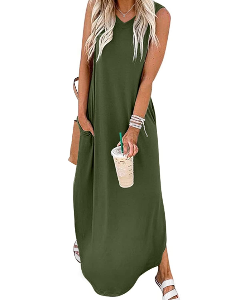 Brinley Women’s Maxi Dress – V-Neck, Side Slits, and Pockets