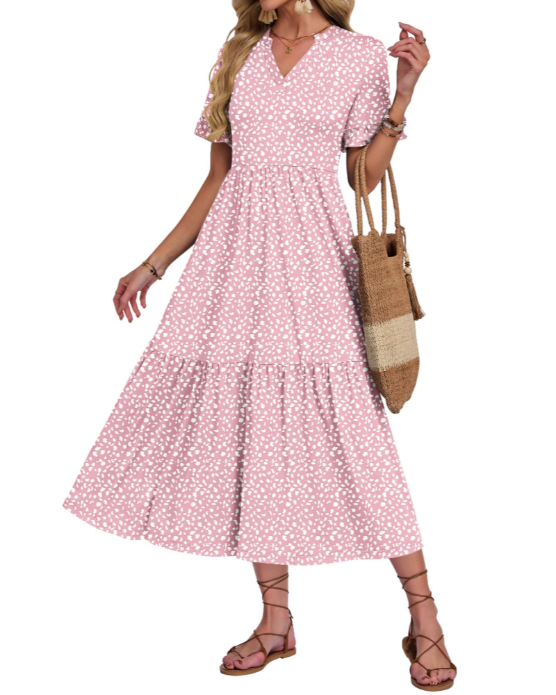 Tatum Women’s Long Dress – V-Neck, Ruffled Sleeves, Tiered Layers and Side Pockets