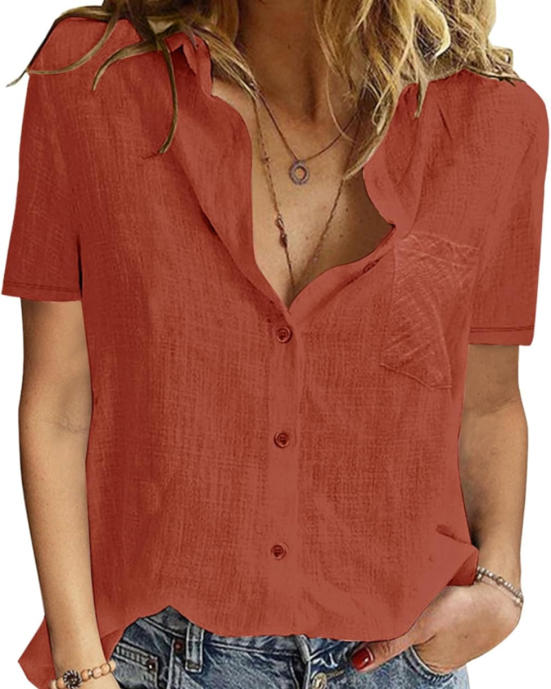 Mackenzie Chemisier pour femme – 100 % coton, col en V, manches courtes et boutons
