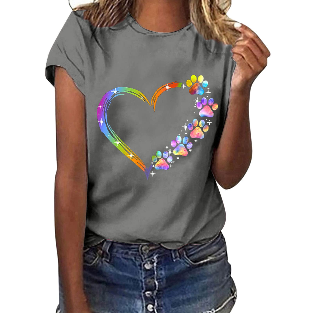 Damski letni T-shirt Colleen – kwiatowy nadruk, okrągły dekolt i krótkie rękawy