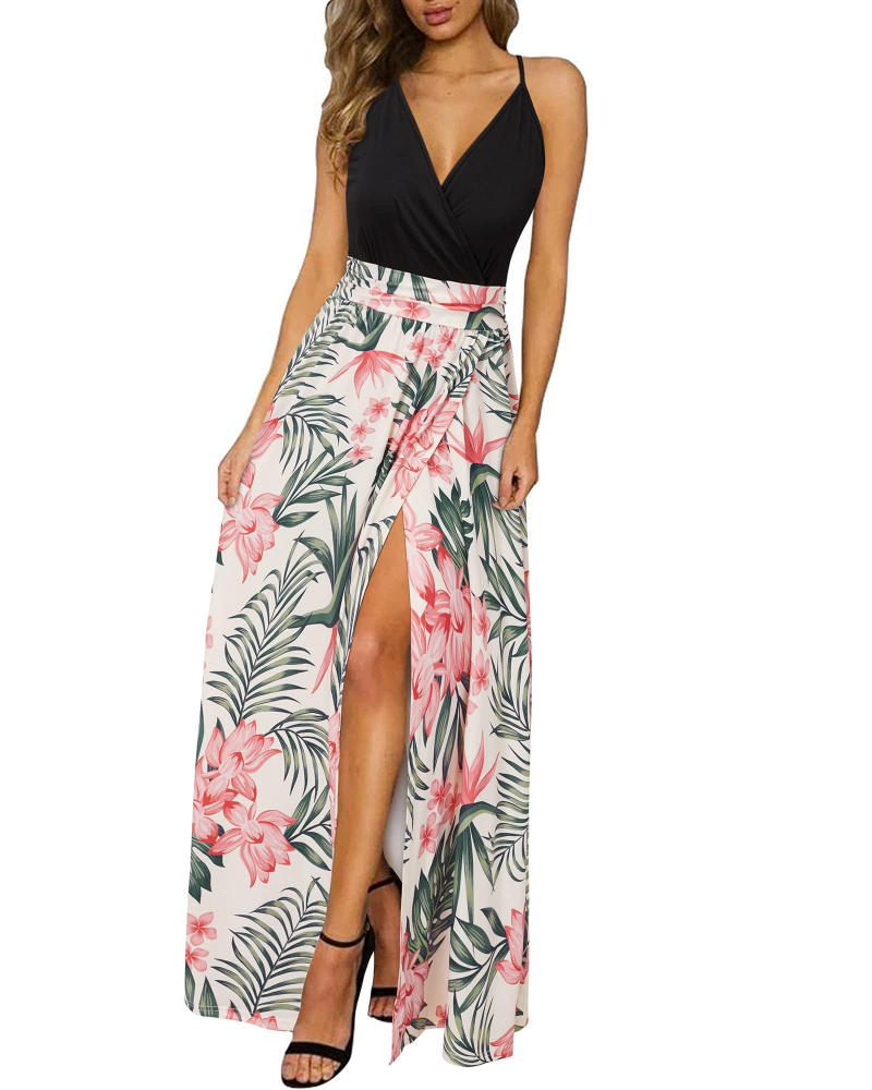 Savannah Women’s Maxi Dress – Floral Print, V-Neck, Adjustable Straps and Slits