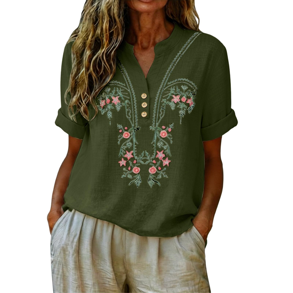 Agnes Women’s Linen Shirt – Floral Embroidery, Henley Neckline, and Short Sleeves