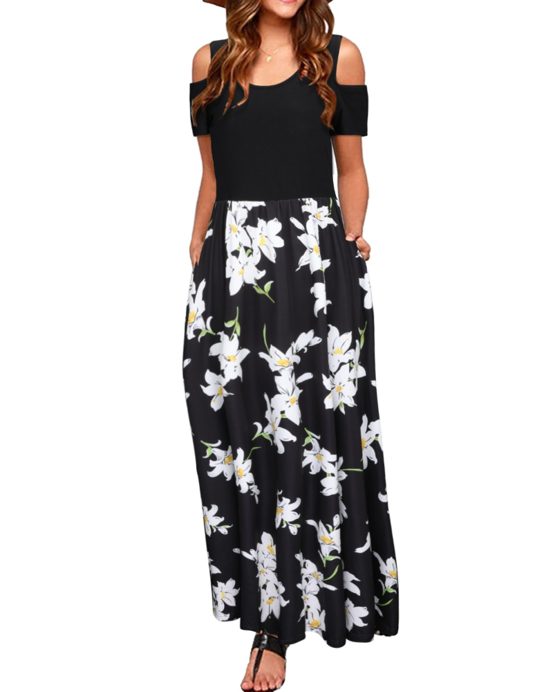 Sutton Women’s Maxi Dress – Off-the-Shoulder, Floral Print and Side Pockets