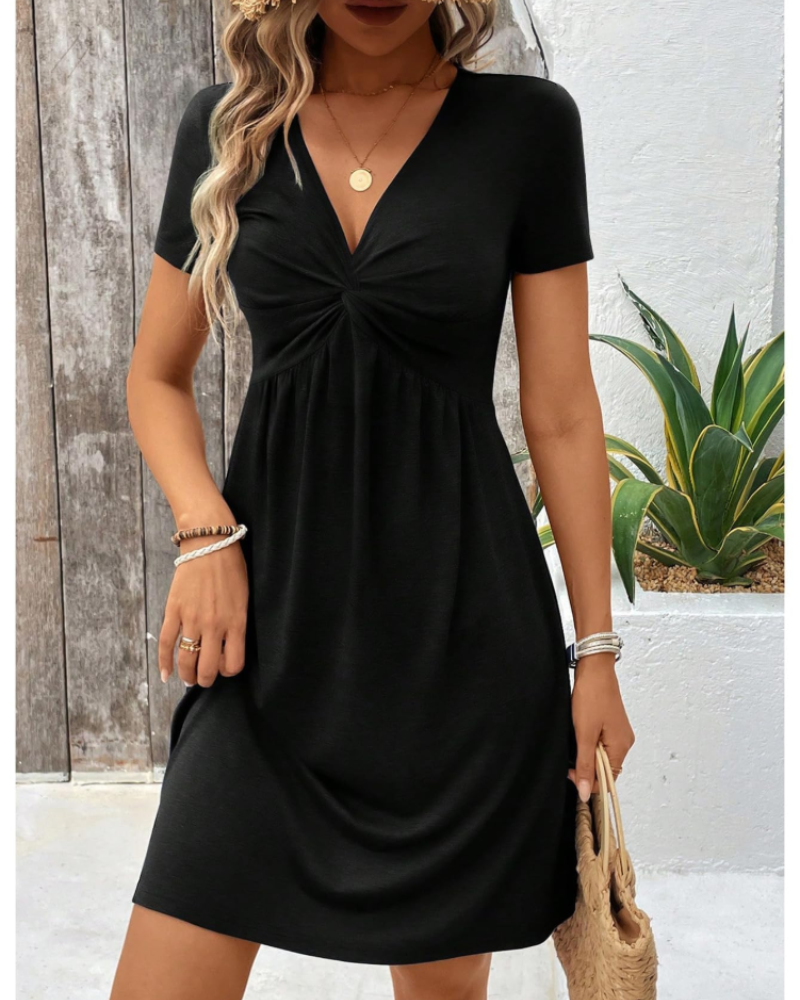 Minivestido de mujer Roxanne Abito – Escote en V, cintura alta, mangas cortas y pliegues