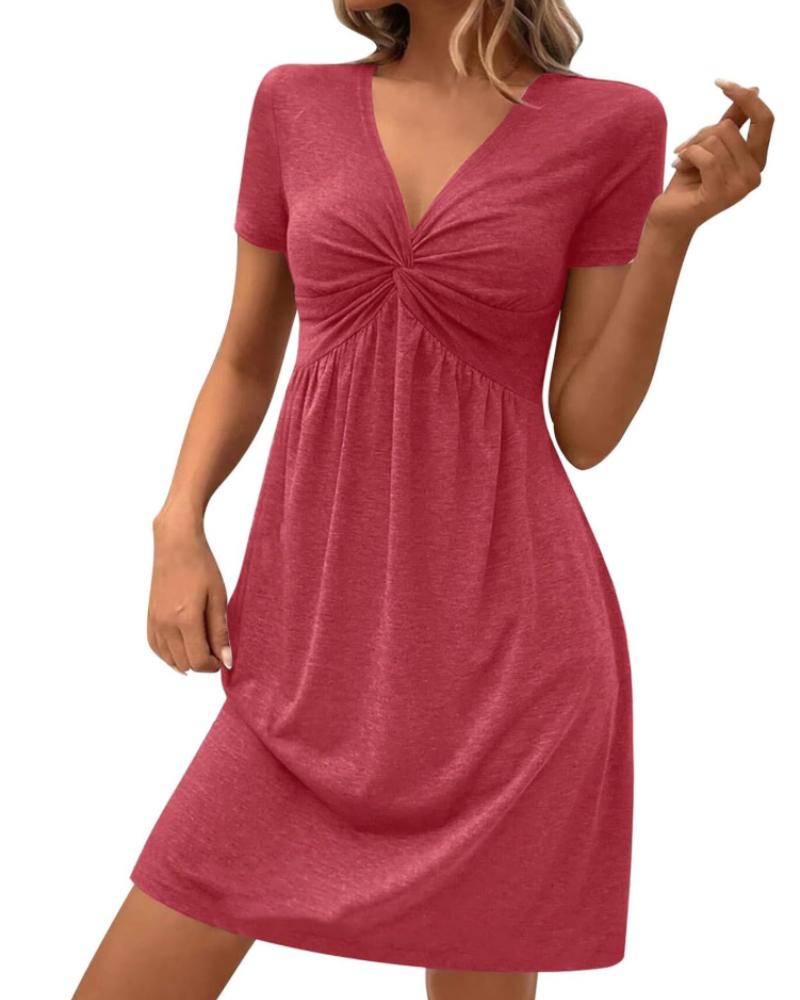 Minivestido de mujer Roxanne Abito – Escote en V, cintura alta, mangas cortas y pliegues