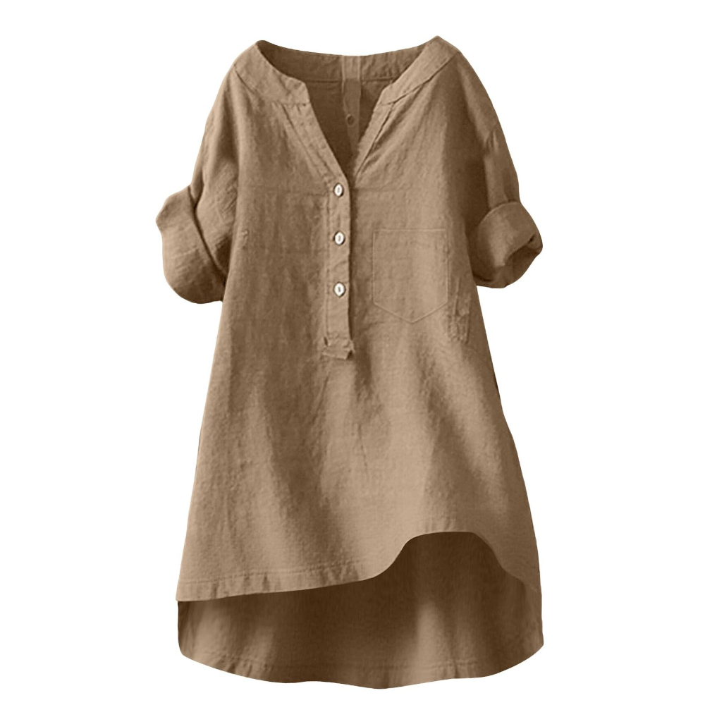 Cordelia Women’s Linen and Cotton Shirt – V-Neck, Buttons, and Relaxed Fit