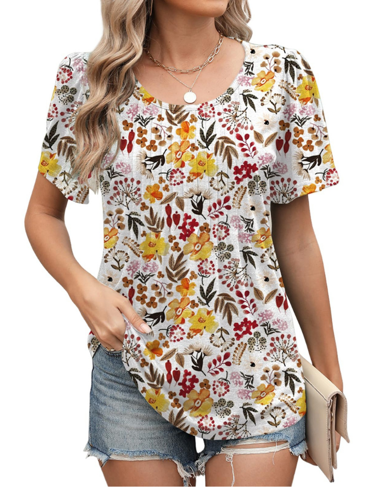 Priscilla Blusa de mujer de verano – Estampado floral, mangas cortas y corte amplio