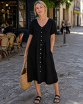 Serena Damen-Midikleid – Leinenmischung, V-Ausschnitt, Knöpfe & Plus-Size-Passform