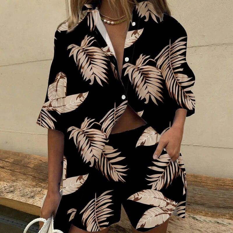 Ivy Ensemble Femme Deux Pièces – Tenue d'Été Feuilles, Chemise et Short Casual Chic