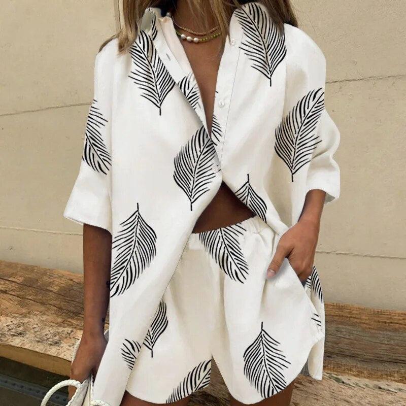 Ivy Ensemble Femme Deux Pièces – Tenue d'Été Feuilles, Chemise et Short Casual Chic