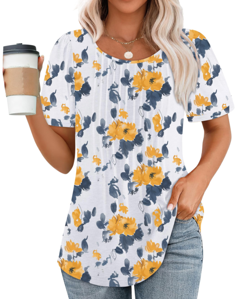 Γυναικείο T-Shirt Megan – Πλισέ Τοπ με Στρογγυλή Λαιμόκοψη, Φουσκωτά Μανίκια και Άνετη Γραμμή