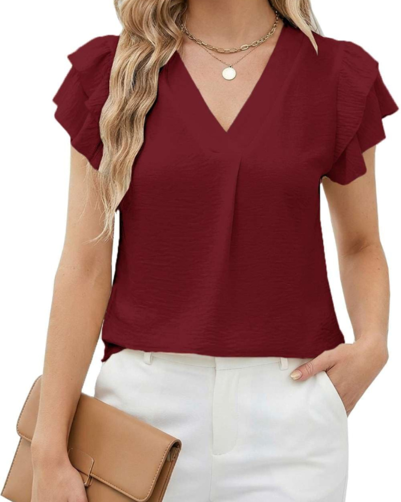 Grace Damenbluse – Elegante Bluse mit V-Ausschnitt, Volant vorne und kurzen Ärmeln