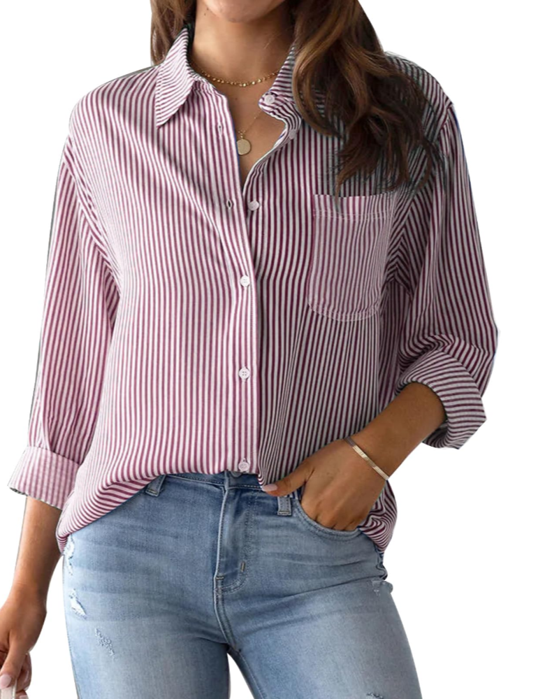 Lauren Camicia Donna – Blusa in Cotone a Righe con Scollo a V, Colletto & Maniche Arrotolabilin