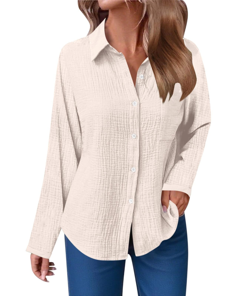 Hannah Bluse Damen – Baumwoll-Musselin-Hemd mit V-Ausschnitt, Knöpfen und Brusttasche
