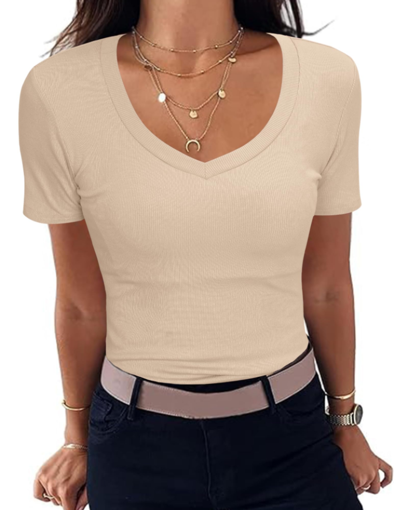 Γυναικείο T-Shirt Chloe – Κοντομάνικο Slim Fit με Ριμπ ύφανση και V-λαιμόκοψη