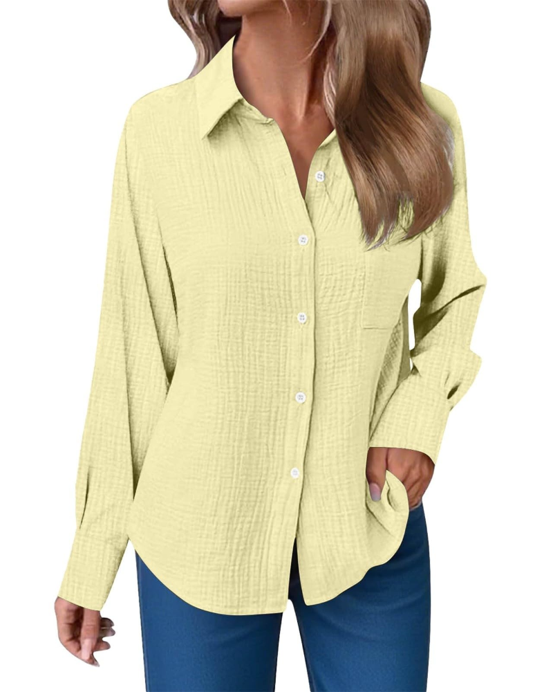 Hannah Blusa Donna – Camicia in Mussola di Cotone con Scollo a V, Bottoni & Taschino