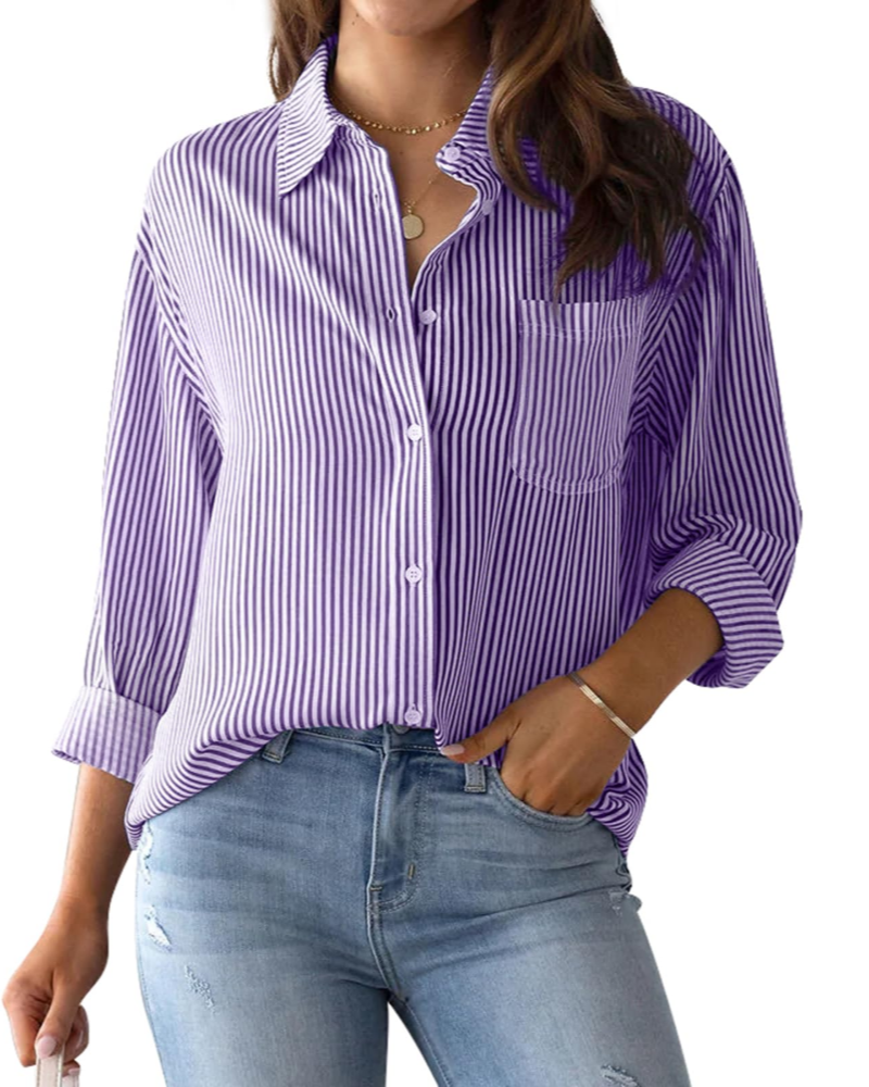 Lauren Camicia Donna – Blusa in Cotone a Righe con Scollo a V, Colletto & Maniche Arrotolabilin