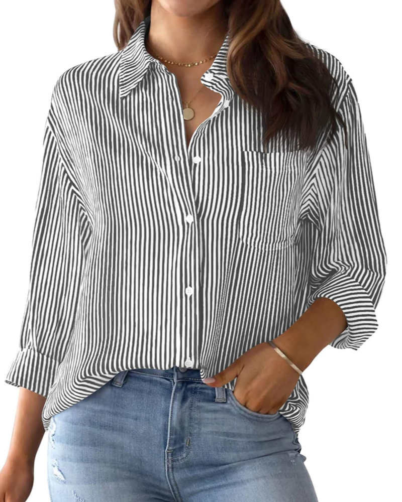 Lauren Camicia Donna – Blusa in Cotone a Righe con Scollo a V, Colletto & Maniche Arrotolabilin