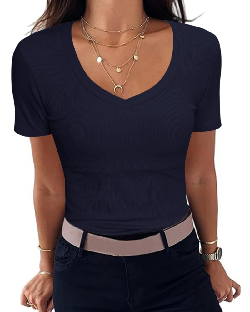 Γυναικείο T-Shirt Chloe – Κοντομάνικο Slim Fit με Ριμπ ύφανση και V-λαιμόκοψη