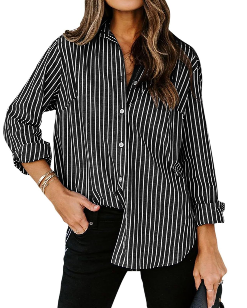 Lauren Camicia Donna – Blusa in Cotone a Righe con Scollo a V, Colletto & Maniche Arrotolabilin