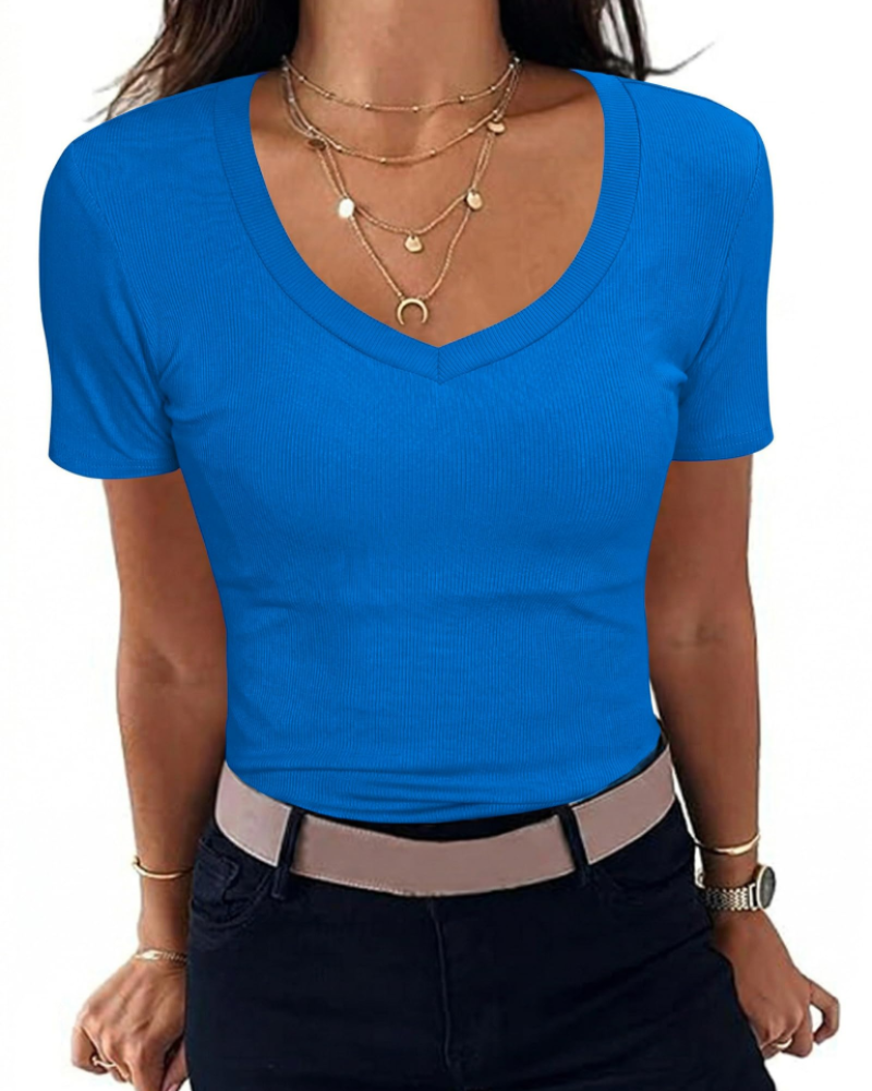Γυναικείο T-Shirt Chloe – Κοντομάνικο Slim Fit με Ριμπ ύφανση και V-λαιμόκοψη