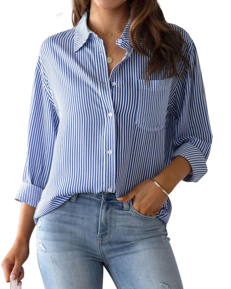 Lauren Camicia Donna – Blusa in Cotone a Righe con Scollo a V, Colletto & Maniche Arrotolabilin